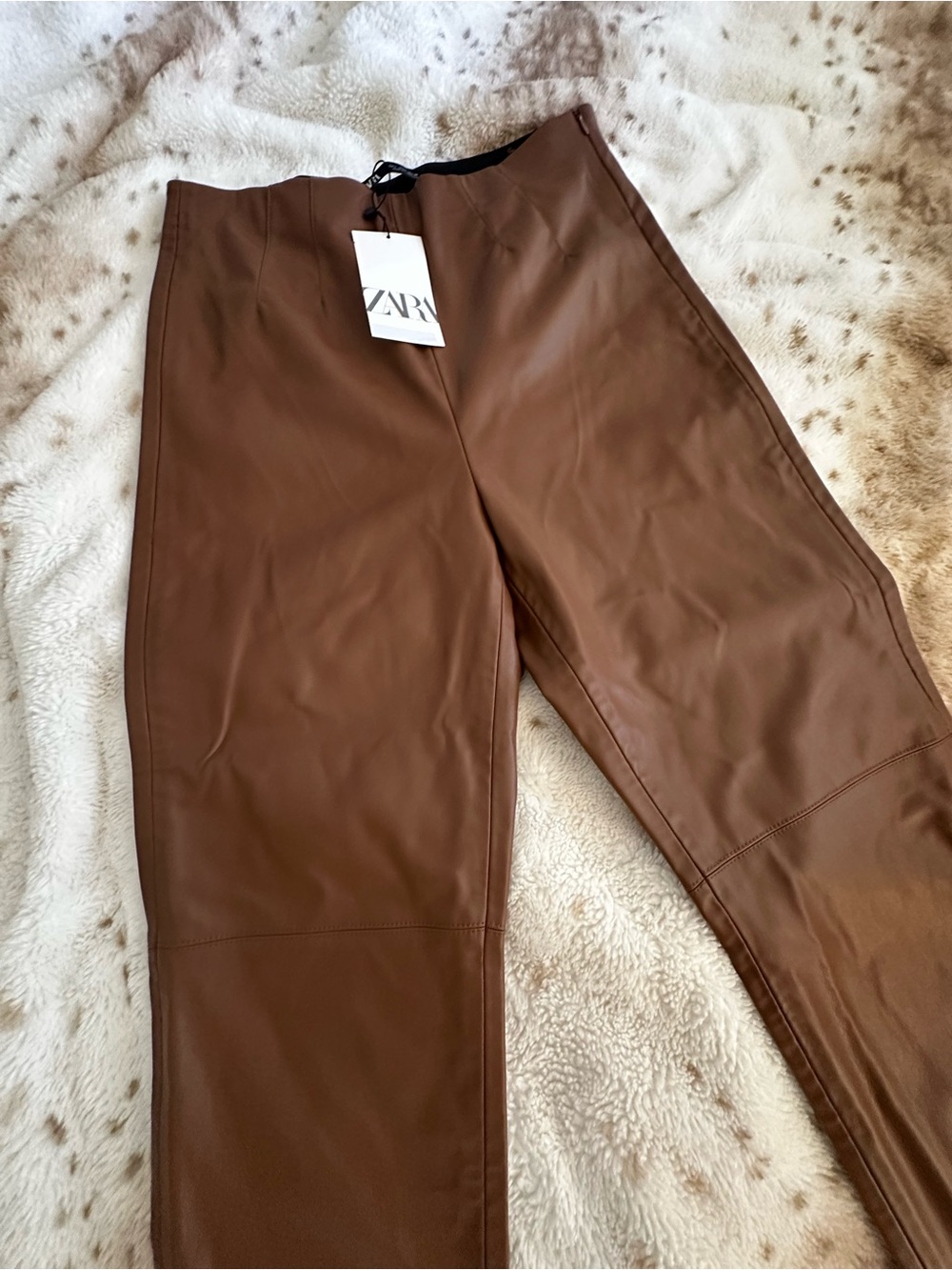 Zara Chestnut Brown Faux Leather Tapered Pants - Picture 3 of 10